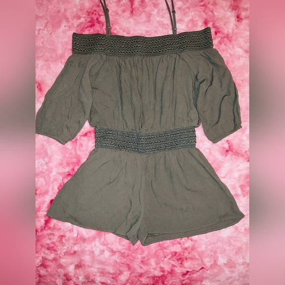 Purple Snow Off-the-Shoulder Boho Romper Size Large Olive Green - Picture 3 of 11